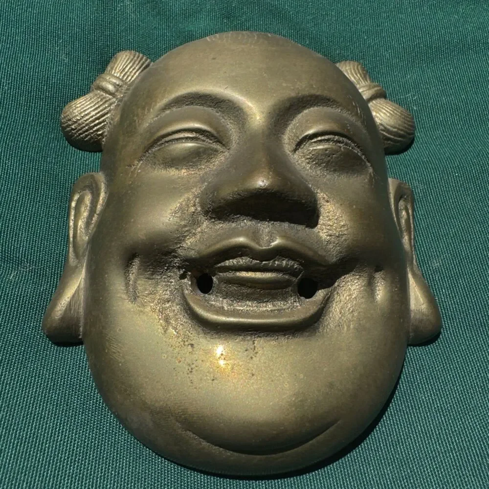 Vintage Brass Laughing Buddha Wall Mask Budai Hong Kong Decor 6